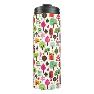 Termo modelo retro del búho del árbol rosado de la hoj