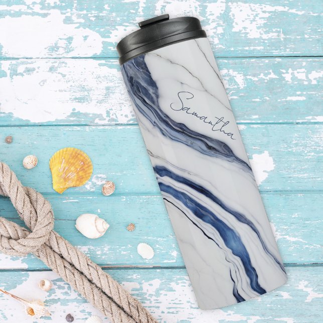 Termo Modern Personalized Off-White Blue Marble  (Subido por el creador)