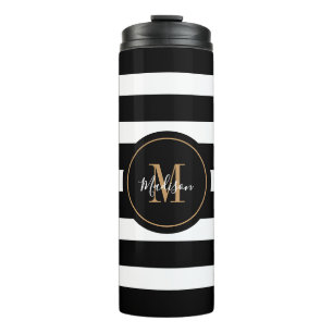 Termo Modernas franjas blancas negras Script Monograma N