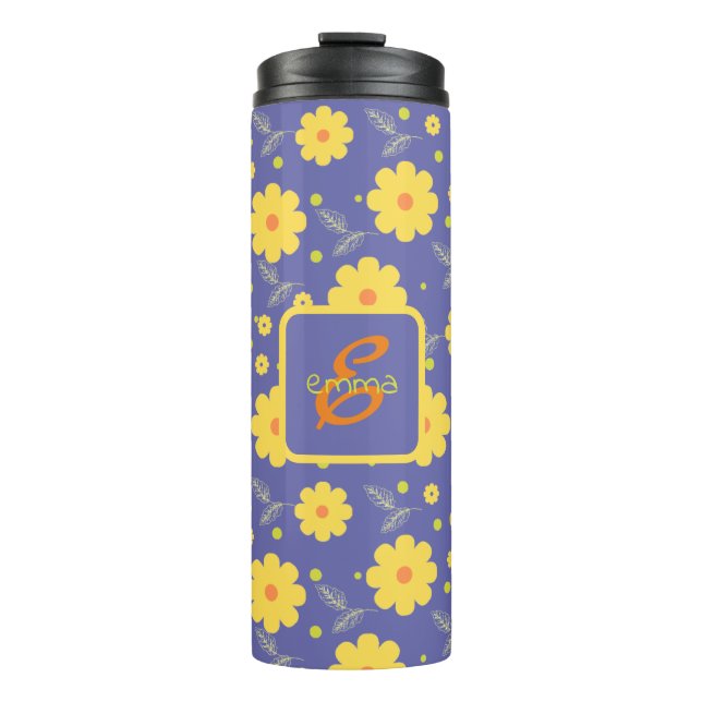 Termo Monograma amarillo morado Girly Elegante Floral Mo (Anverso)