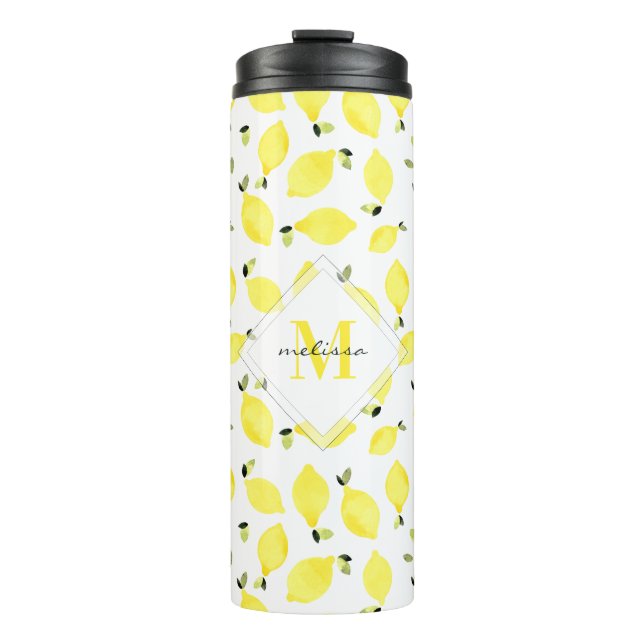 Termo Monograma amarillo + nombre en patrón limón acuare (Anverso)
