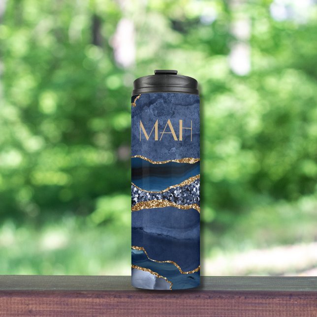 Termo Monograma Azul Dorado Mármol Agata de Moda  (Blue Gold Glitter Agate Marble Monogrammed Thermal Tumbler)
