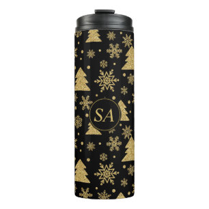 Termo Monograma Black Golden Christmas Tree Snowflakes