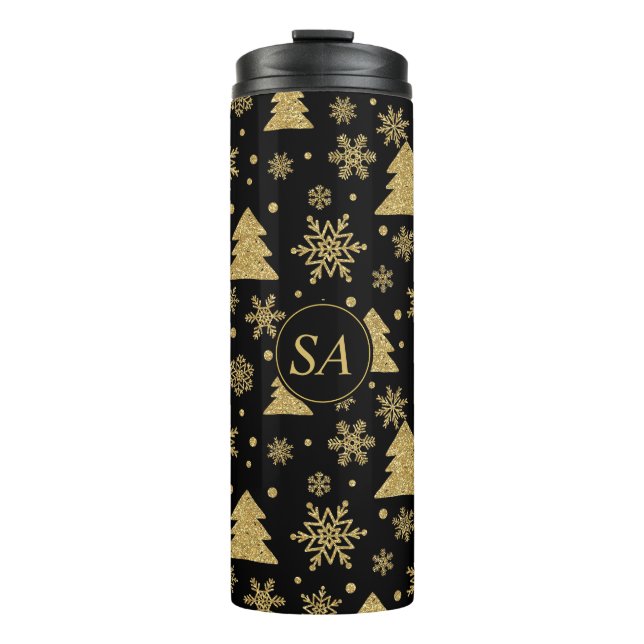 Termo Monograma Black Golden Christmas Tree Snowflakes (Anverso)