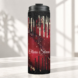 Termo Monograma chic de rojo negro con brillo