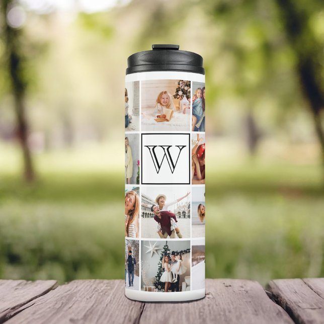 Termo Monograma Collage de fotos blanco (Give the perfect gift with this monogram design featuring a 19-photo collage. )
