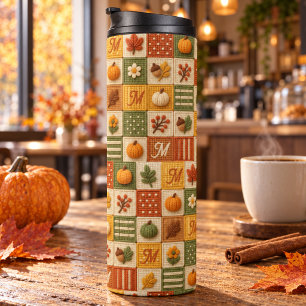 Termo Monograma de calabaza de patchwork de otoño rústic