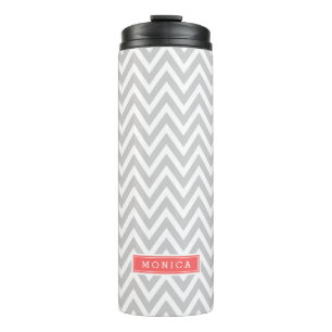 Termo Monograma de Chevron gris y coral
