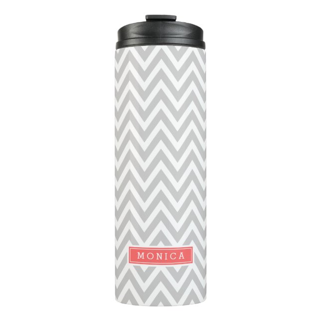 Termo Monograma de Chevron gris y coral (Anverso)