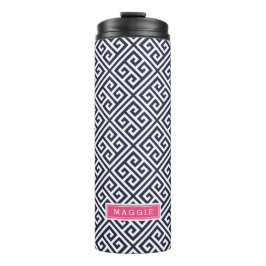 Termo Monograma de clave griega rosa y azul de la marina