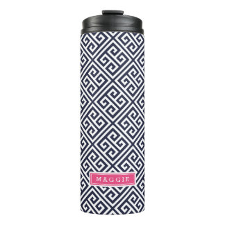 Termo Monograma de clave griega rosa y azul de la marina