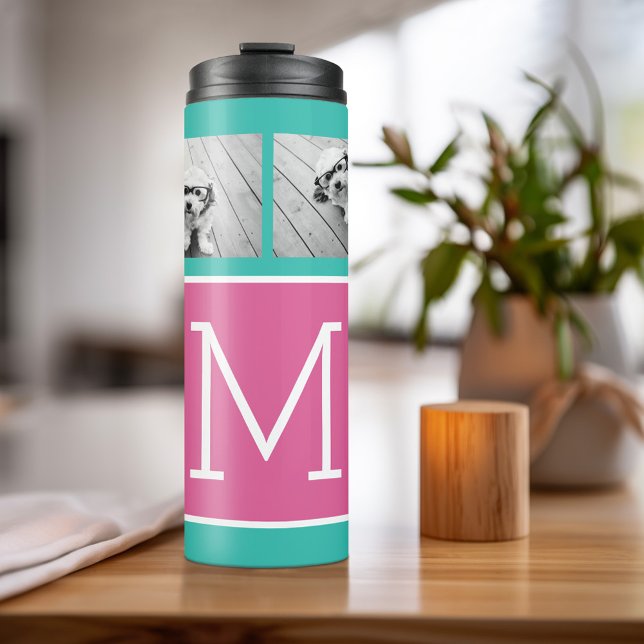 Termo Monograma de Collage de fotos verde azulado y rosa (Personalized Thermal Tumbler - Add Photos, Text - Customize Completely in the Advanced Design Area)