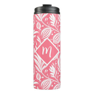 Termo Monograma de diamante con patrón floral rosado tro