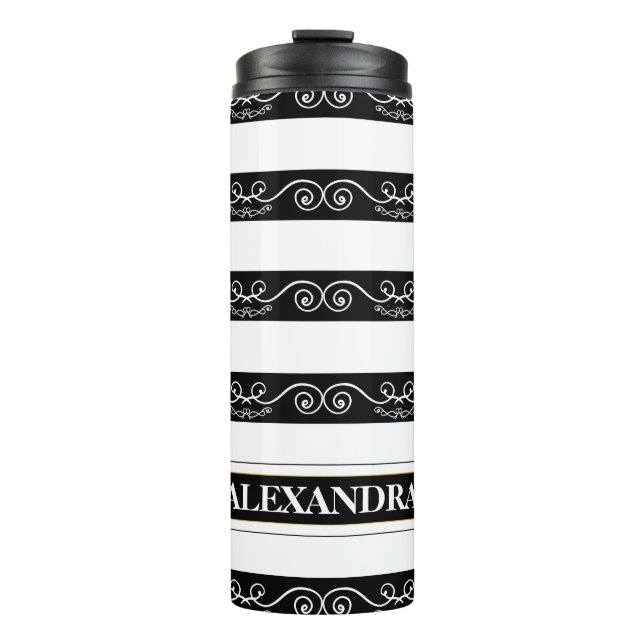 Termo Monograma de diseño de rayas blancas negras (Anverso)
