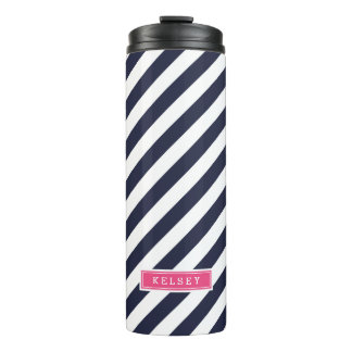 Termo Monograma de franjas de perrito azul y rosa de la