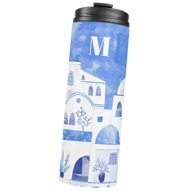 Termo Monograma de la isla griega Santorini (Monogram initial Oia Santorini blue and white watercolor thermal tumbler)