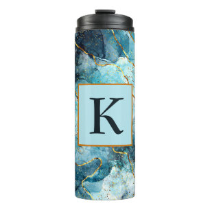 Termo Monograma de mármol brillante azul y dorado