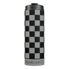 Termo monograma de nombre a cuadros negro y gris