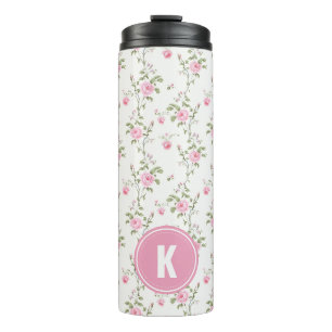 Termo Monograma de Patrón de Flores de Rosas Rosadas Ele