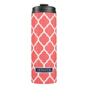 Termo Monograma de quatrefoil marroquí azul de coral y m