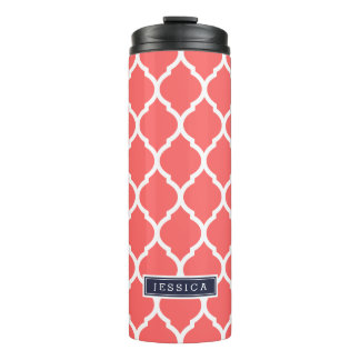 Termo Monograma de quatrefoil marroquí azul de coral y m