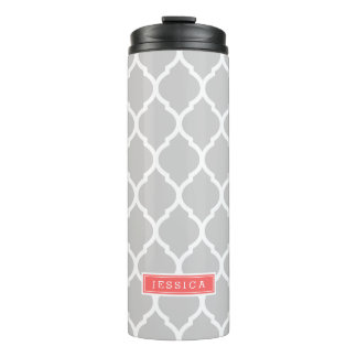 Termo Monograma de quatrefoil marroquí gris y coral