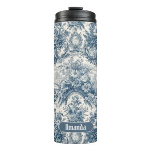 Termo Monograma de tela azul de jouy floral vintage