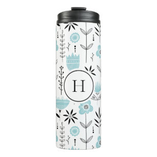 Termo Monograma del patrón floral azul escandinavo