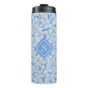 Termo Monograma del patrón floral de margarita azul