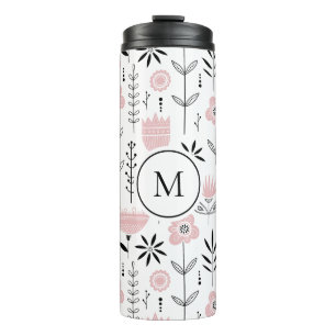 Termo Monograma del patrón floral escandinavo rosa