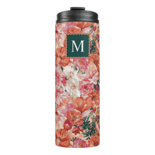 Termo Monograma del patrón floral rosado naranja
