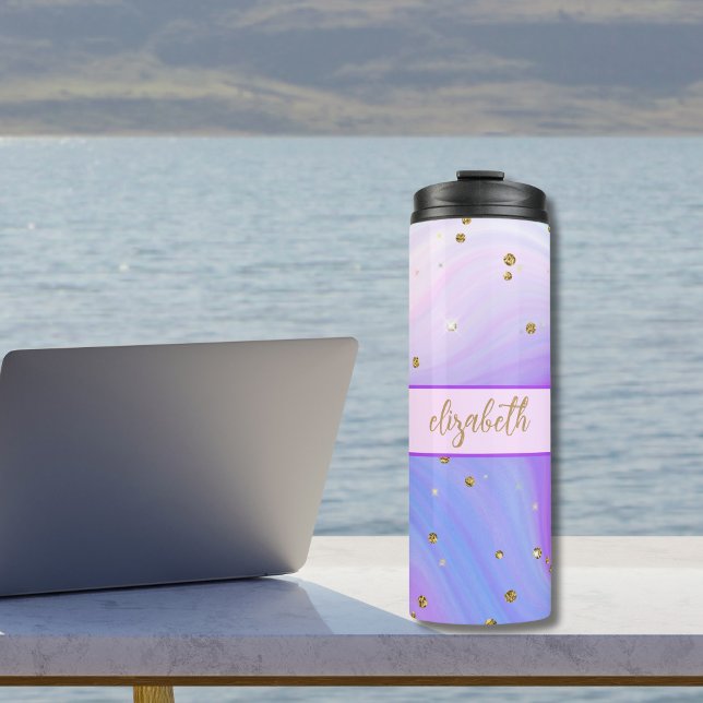 Termo Monograma del Purpurina de oro azul púrpura rosa (Monogrammed pink purple blue gold glitter thermal tumbler. Gift for her)