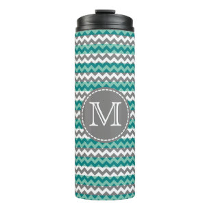 Termo Monograma del zigzag de chevron turquesa y gris