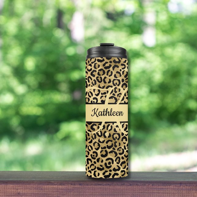 Termo Monograma Denominación Black Gold Leopardo Impresi (Black Gold Leopard print Cheetah print animal print monogrammed tumbler)
