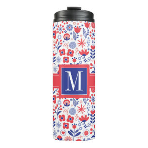 Termo Monograma estampado de flores azul y coralino del