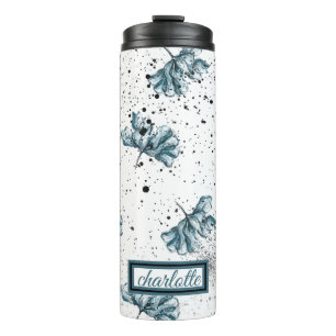 Termo Monograma floral azul de acero elegante