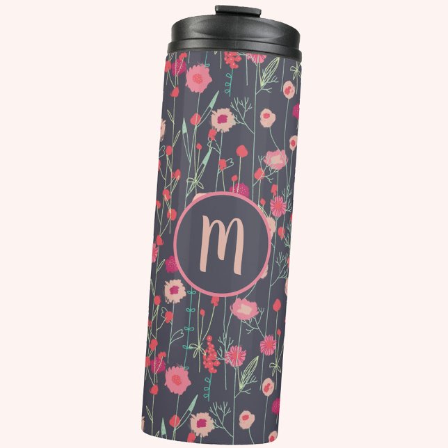 Termo Monograma Floral oscuro (Boho floral pink and charcoal gray personalized monogram thermal tumbler)