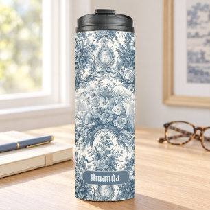 Termo Monograma floral vintage de toile de jouy azul