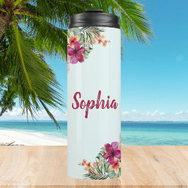 Termo Monograma Hibiscus Pink Flores Tropicales Florales