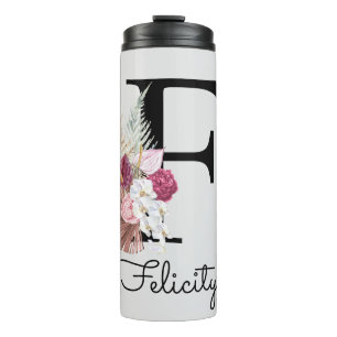 Termo Monograma Inicial F Rosa Boho Floral Femenina
