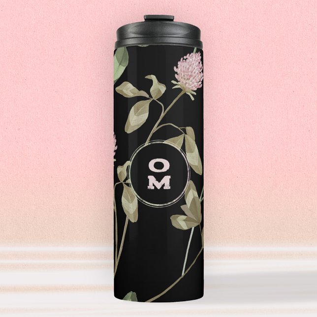 Termo Monograma moderno de flor silvestre Rosa negro (Modern Wildflower Monogram Black Rose Clover Thermal Tumbler ©Susanne Sachers - Sunny Mind Design 🌞)