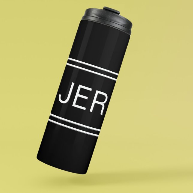 Termo Monograma Negro Moderno de Iniciales Elegantes Per (Modern Black & White Custom Monogrammed Initials Stylish Thermal Tumbler For Him or For Her)