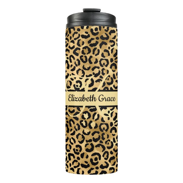 Termo Monograma Nombre Negro Leopardo de oro Imprimir ch (Anverso)