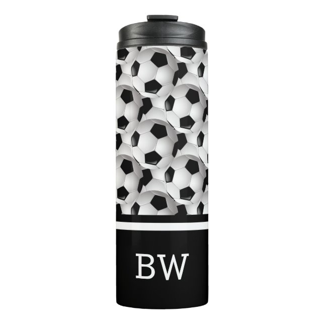 Termo Monograma Patrón de bolas de fútbol blanco negro (Anverso)