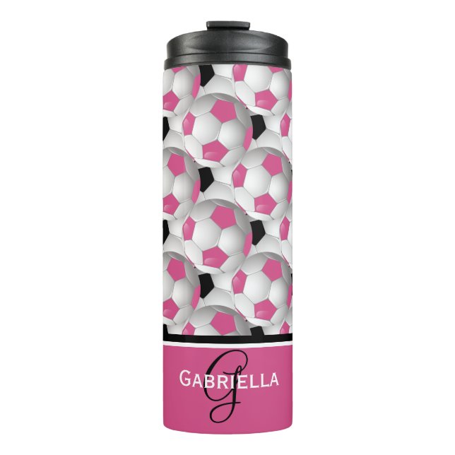 Termo Monograma Patrón negro rosado de bola de fútbol (Anverso)