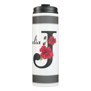 Termo Monograma personalizado editable J texto flor roja