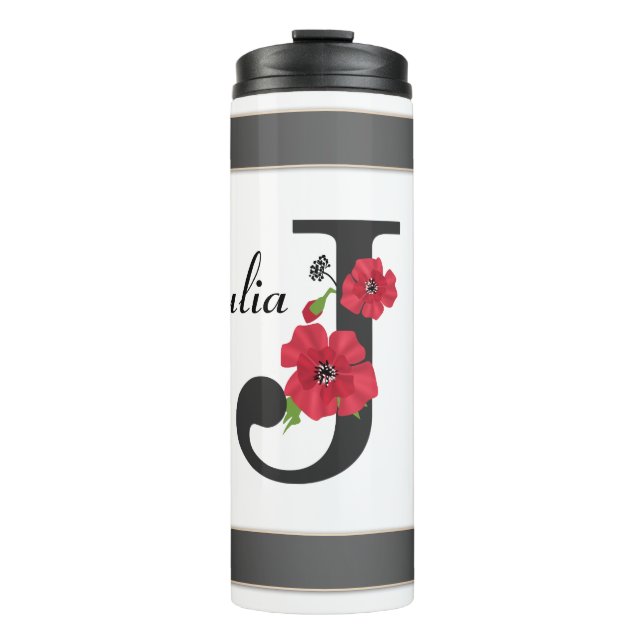 Termo Monograma personalizado editable J texto flor roja (Anverso)