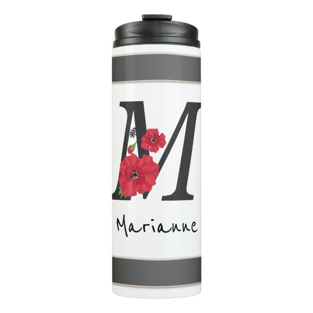 Termo Monograma personalizado editable M texto flor roja (Anverso)