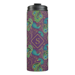 Termo Monograma Real Púrpura de Paisley de Pavo Real