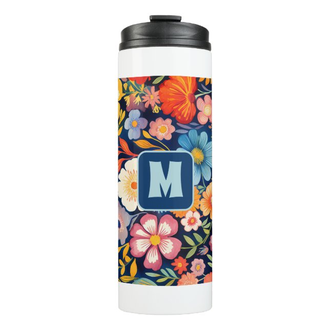 Termo Monograma retro floral de los años 60 azul y Naran (Anverso)